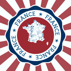 France Badge. Round logo of the country with a triangular mesh map and radial rays. EPS10 Vector.