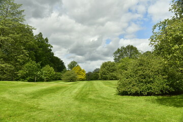 La pelouse principale sous un ciel changeant à l'arboretum de Wespelaar en Brabant Flamand 