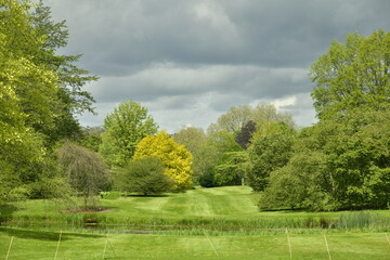 Fototapeta na wymiar La pelouse principale sous un ciel changeant à l'arboretum de Wespelaar en Brabant Flamand 