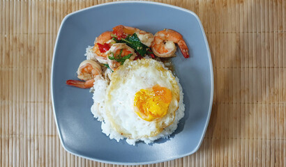 pad kapraow kung kai down (shrimp fire with basial add sunrise egg) 