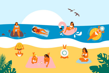 Summer vacation on the beach, vector illustration. Flat sea holiday activities, women, people travel in sandy design. Cartoon ocean leisure, man having fun and outdoors