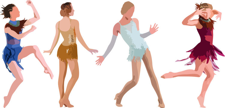 Set of dancing women standing and wearing dress, in various poses, cartoon character, people, business, group, vector silhouette, flat design icon, black color, isolated on white background 