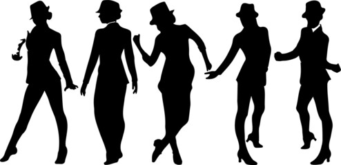 Set of little girls dancing and wearing dress, in various poses, cartoon character, people, business, group, vector silhouette, flat design icon, silhouette black color, isolated on white background