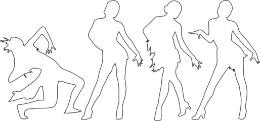 Set of little girls dancing and wearing dress, in various poses, cartoon character, people, business, group, vector silhouette, flat design icon, silhouette black color, isolated on white background