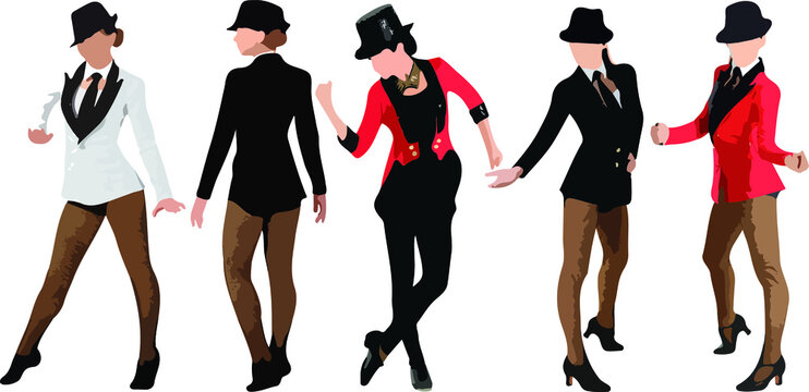 Set of dancing women standing and wearing dress, in various poses, cartoon character, people, business, group, vector silhouette, flat design icon, black color, isolated on white background 