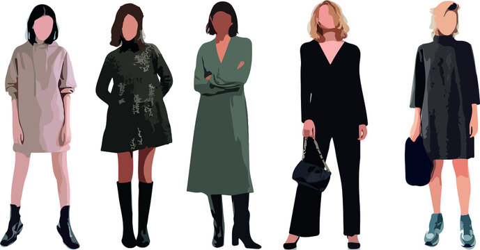 Set of women standing and wearing dress, in various poses, cartoon character, people, business, group, vector silhouette, flat design icon, different colors, isolated on white background 