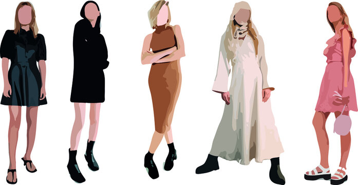 Set of women standing and wearing dress, in various poses, cartoon character, people, business, group, vector silhouette, flat design icon, different colors, isolated on white background 
