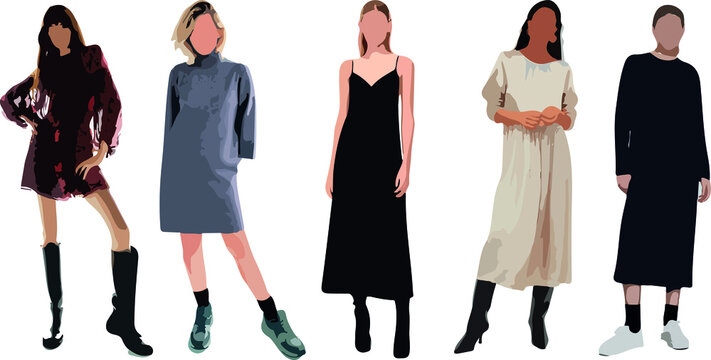 Set of women standing and wearing dress, in various poses, cartoon character, people, business, group, vector silhouette, flat design icon, different colors, isolated on white background 