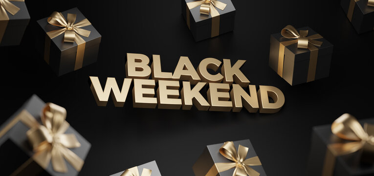 Black Weekend Super Sale. Realistic black gifts boxes. Black week pattern with black gift box. Dark background golden text lettering. Horizontal banner, poster, header website.	
