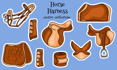 Horse harness a set of equestrian equipment saddle bridle blanket protective boots in cartoon style