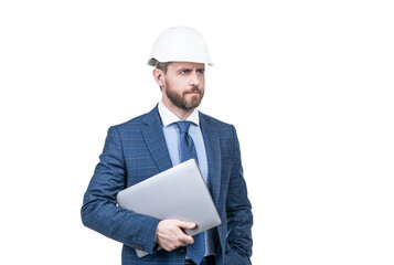 confident businessman man in suit and helmet hold computer isolated on white, architect
