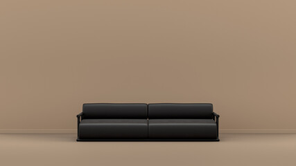 Interior room with monochrome black and glossy leather single sofa in tan, sienna brown color room, single color furniture, 3d Rendering