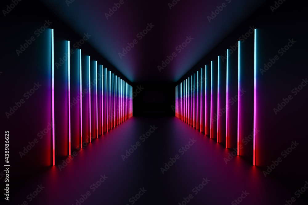 Poster 3d rendering illustration, abstract row of neon lighting background with line lamps glowing with blu