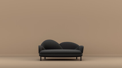 Single seat with dark and velvety soft fabric in light brown monochrome interior room, single color furniture, 3d Rendering