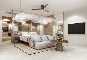 bedroom resort with woodern decoration furniture and white tile floor. 3d rendering