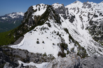 Mountain landscape in the remote village of Theth, hiking path from theth to valbona