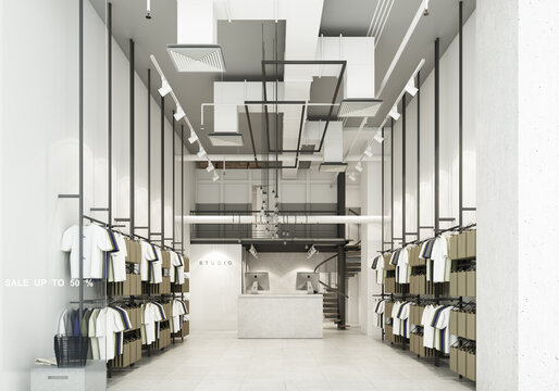 clothing store in the department store display clothes inside the shop and decorated the shop in a loft style with a lot of t-shirt 3d rendering