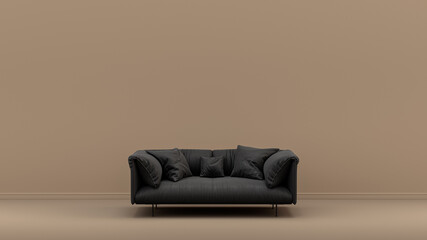 Single seat with dark and velvety soft fabric in light brown monochrome interior room, single color furniture, 3d Rendering