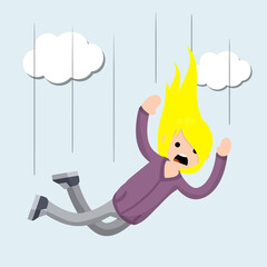 Cartoon flat illustration - screaming woman falls from height. Drop young girl. Flight among clouds. The horror and fear of heights - phobia Acrophobia. - obrazy, fototapety, plakaty