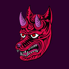 angry demon dog head with red and pink color and purple background vector icon illustration