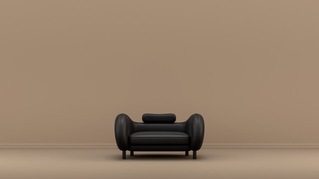 Interior Room With Monochrome Black And Glossy Leather Single Couch In Tan, Sienna Brown Color Room, Single Color Furniture, 3d Rendering