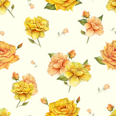 Seamless Watercolor Vintage Pattern with Yellow and Pink-yellow roses in warm pastel colors. Maybe use for wallpaper, textile or card, wedding design.
