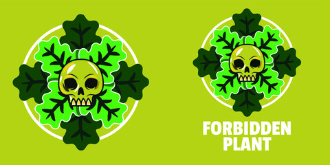 Forbidden Plant illustration vector base with yellow poisoned skull and green leafs on yellow background