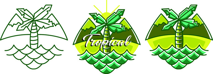Tropical Beach with single palm tree and two mountain vector illustration logo, with three options output