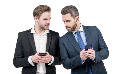 two business colleagues in suit use phone for negotiation isolated on white, online communication