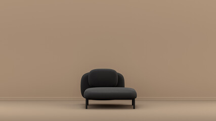 Single seat with dark and velvety soft fabric in light brown monochrome interior room, single color furniture, 3d Rendering