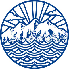 Hand drawn mountain sea logo monochrome vector illustration with navy and pale white colors