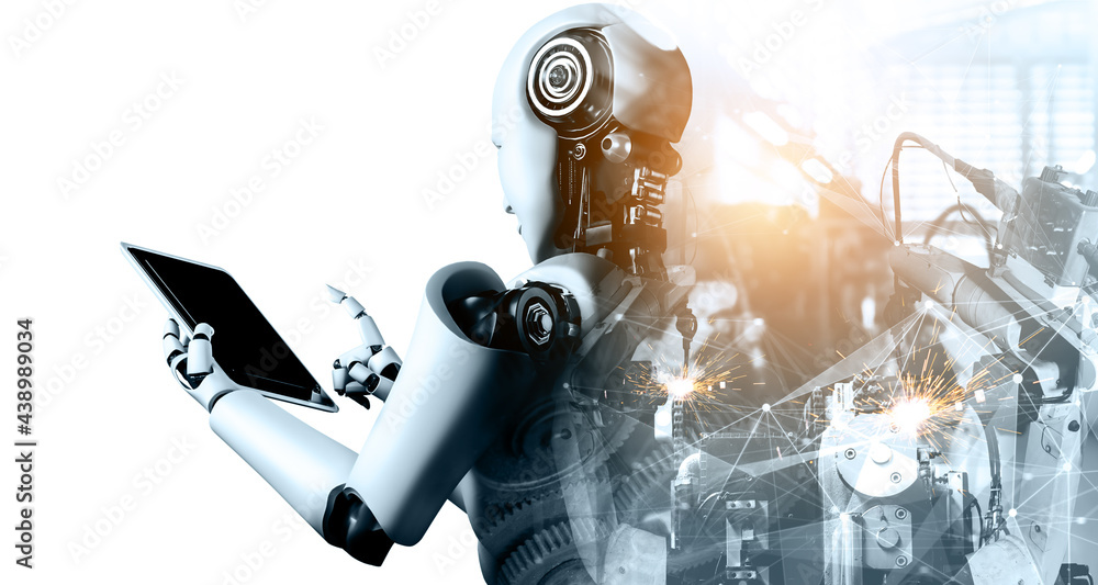 Poster mechanized industry robot and robotic arms double exposure image . concept of artificial intelligenc