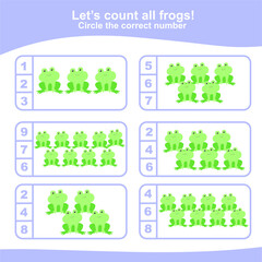 Counting all frogs game for Preschool Children. Educational printable math worksheet. Additional math game for kids. It is perfect for exercising children’s motoric movements. Vector illustration.
