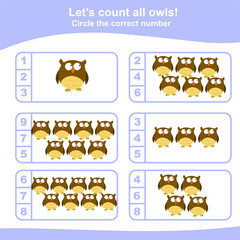 Counting all owls game for Preschool Children. Educational printable math worksheet. Additional math game for kids. It is perfect for exercising children’s motoric movements. Vector illustration.