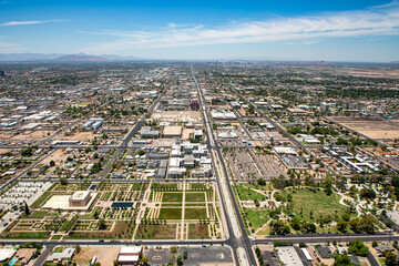 Aerial view of Downtown Mesa, Arizona looking west