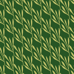 Creative seamless pattern with beige little leaves branches silhouettes. Green background. Doodle backdrop.