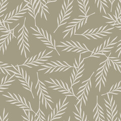 Simple grey random leaf twigs seamless doodle pattern in hand drawn style. Beige background.