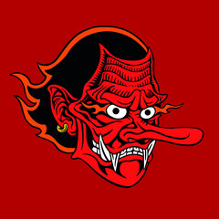 Japanese forest mythology god character tengu head with red dominant colors