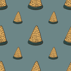 Beige creative watermelon slices seamless hand drawn pattern. Blue pale background. Food backdrop.