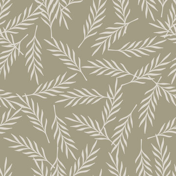 Simple grey random leaf twigs seamless doodle pattern in hand drawn style. Beige background. © Lidok_L