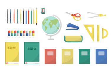 Set of school stationary: pencil sharpener, pencils, pens, triangle, ruler, protractor, eraser, the globe, textbook, tutorial, manual, schoolbook, notebook isolated on white background