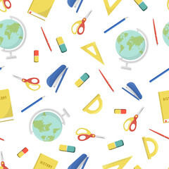Fototapeta na wymiar school supplies and office stationary on white background. Back to school, education and business concept. Vector seamless pattern for banner, poster, office supply store and wallpaper