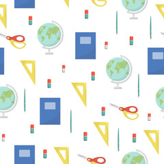 school supplies and office stationary on white background. Back to school, education and business concept. Vector seamless pattern for banner, poster, office supply store and wallpaper