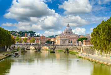 View of Basilica St Peter, bridge Sant Angelo and river Tiber in Rome. Italy. Architecture and landmark of Rome. Postcard of Rome