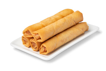 Plate with crispy deep fried Vietnamese egg rolls isolated on white background 