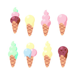 A set of ice creams in waffle cups. Vector illustration of pastel colors in children's cartoon flat style.