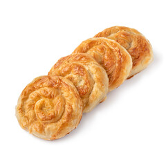 Row of Turkish borek stuffed with cheese on white background