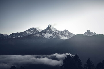 mountains in the fog. Annapurna Mountain range from poonhill. 