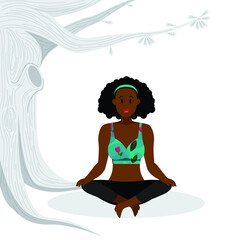 Fototapeta na wymiar young girl practicing meditation, lotus yoga pose, black lady practicing lotus yoga asana vector illustration
