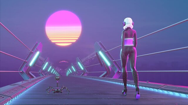 synthwave, retrowave background with walking girl
